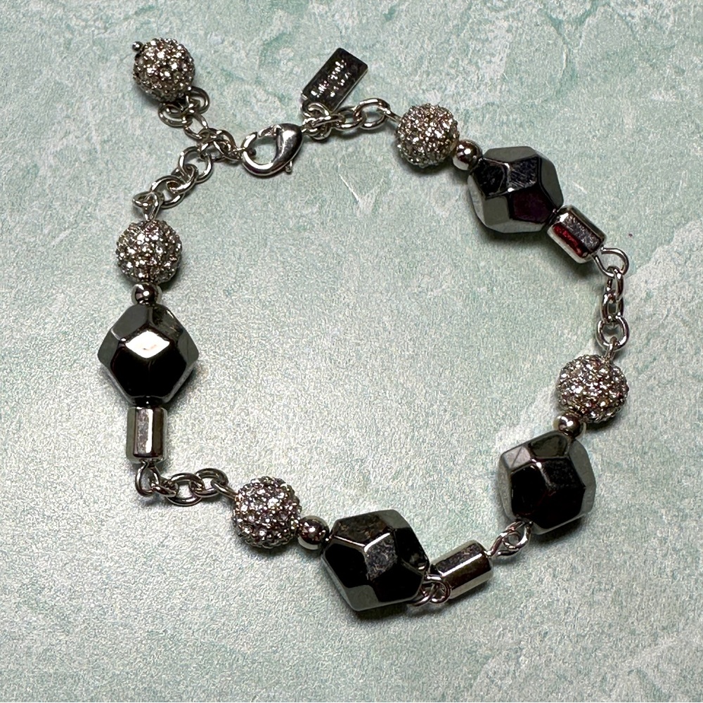 Kate Spade pave stone balls and gunmetal gray beads on silver tone bracelet